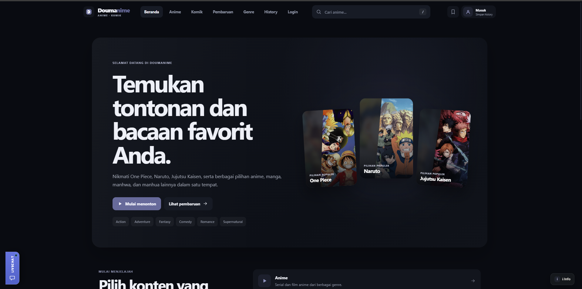 DoumAnime homepage with the hero headline and featured cards for One Piece, Naruto, and Jujutsu Kaisen