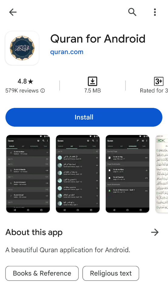 Google Play listing for Quran for Android showing the 4.8 rating, install button, and app screenshots