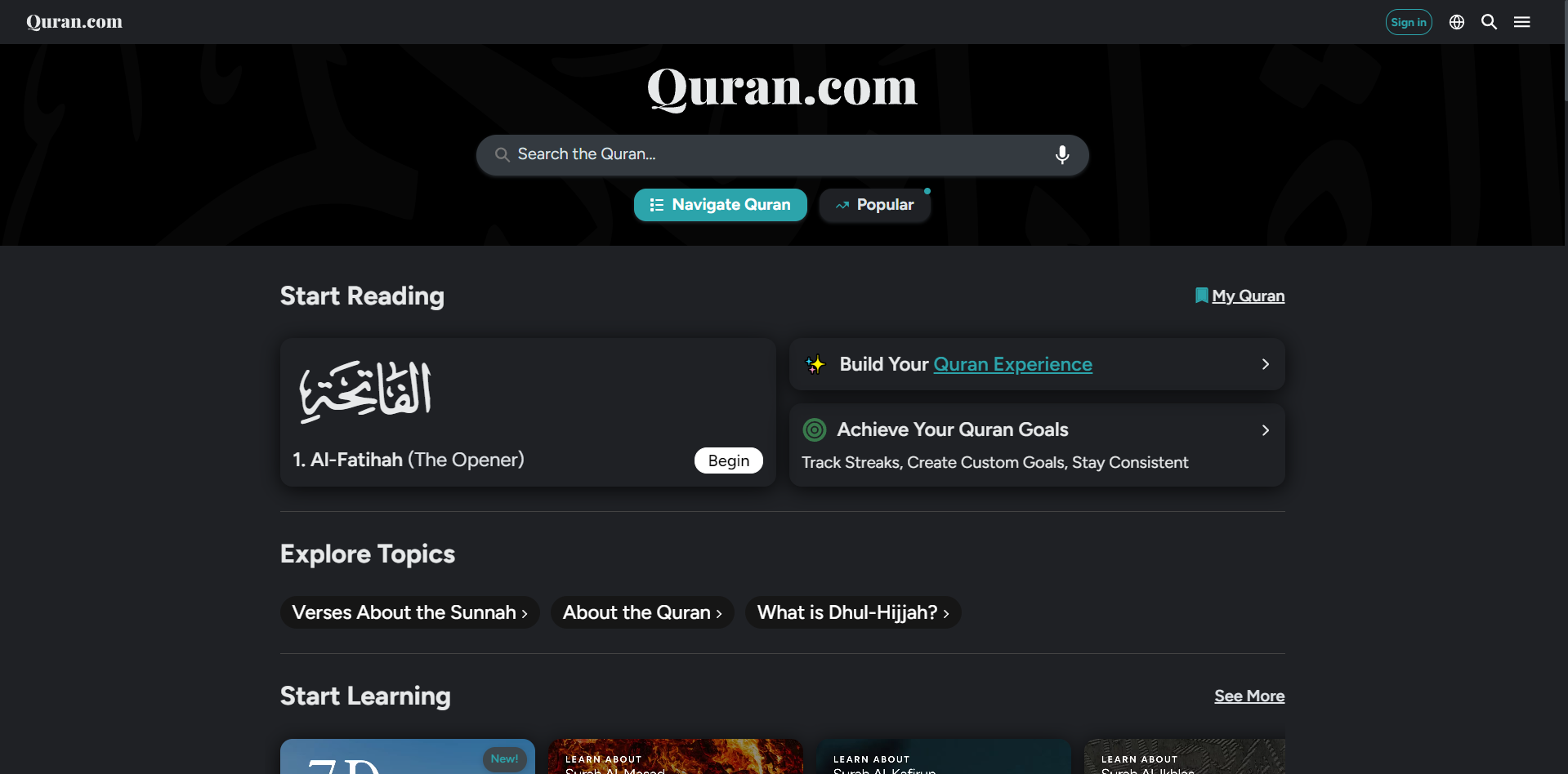 Quran.com homepage with the search bar, Start Reading cards, and Explore Topics section